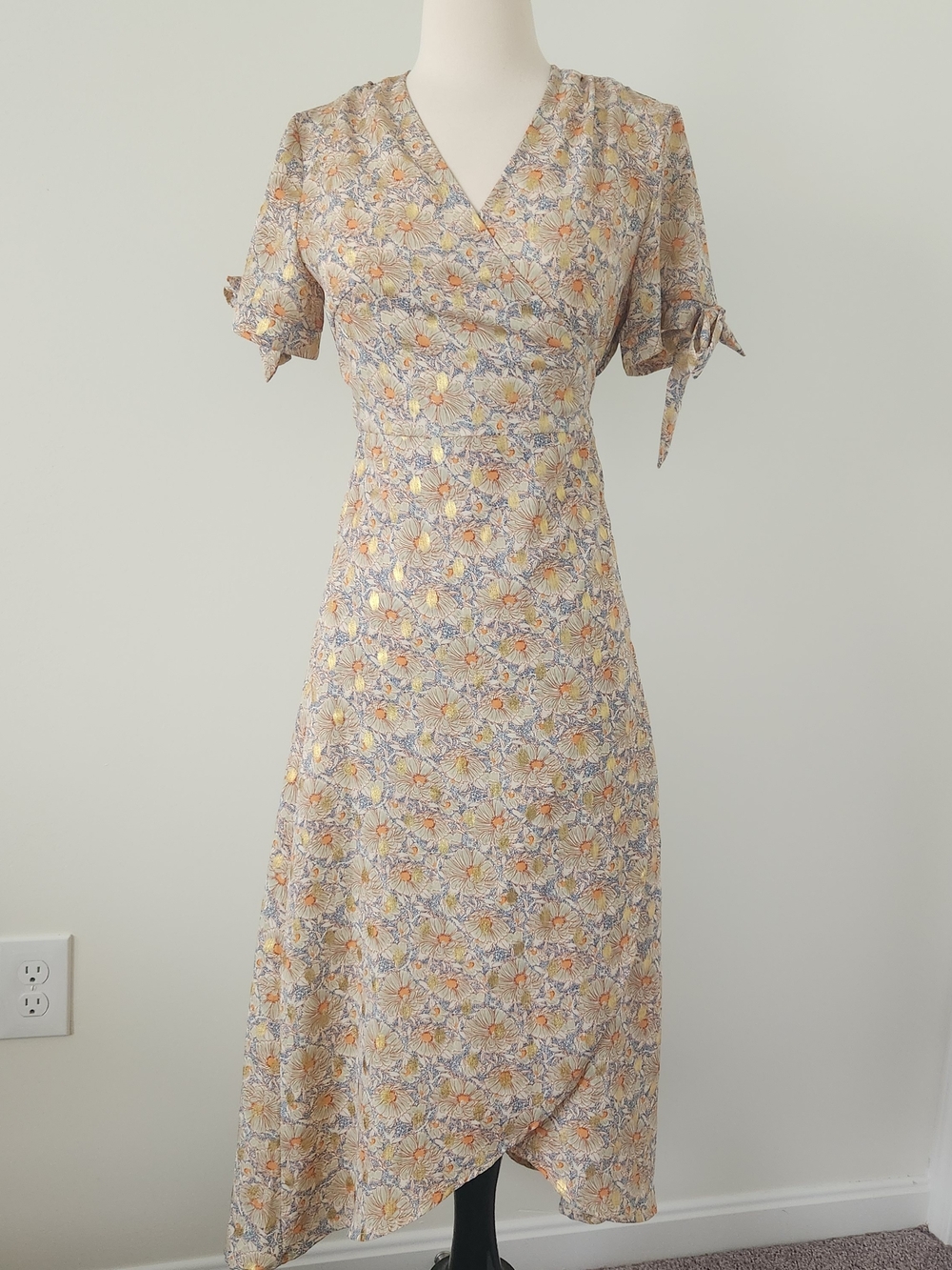 Simplee Apparel Floral Wrap Midi Dress in Cream, Yellow and Blue